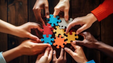 Diverse hands holding puzzle pieces that fit together to form a larger puzzle, depicting the idea that unique skills combine to solve complex challenges