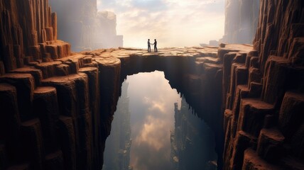 Fototapeta premium Two individuals standing on separate platforms, reaching out to each other across a deep chasm, symbolizing the effort needed to bridge emotional distances
