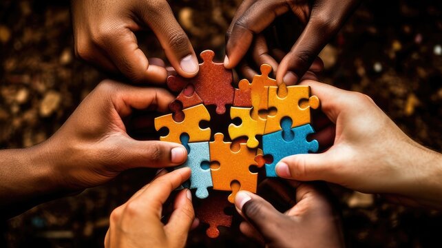 Diverse hands holding puzzle pieces that fit together to form a larger puzzle, depicting the idea that unique skills combine to solve complex challenges