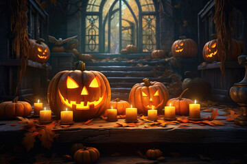 Halloween night. Candle lit Halloween Pumpkins. Halloween Backdrop with spooky pumpkins. Post-processed generative AI