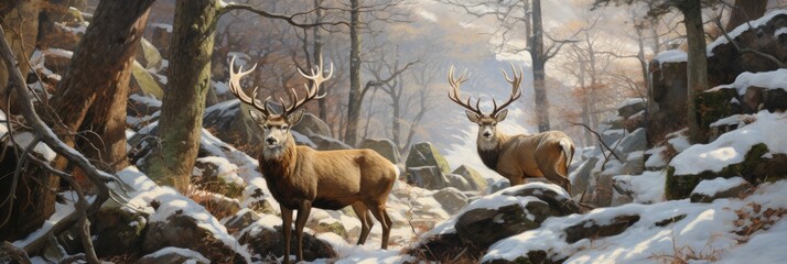 illustration of two stag in the forest in winter, generative AI