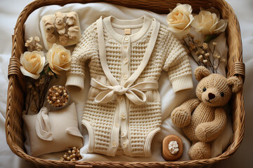 A gift basket featuring gender-neutral baby garments and accessories is presented in a flat lay style.  Generative Ai.