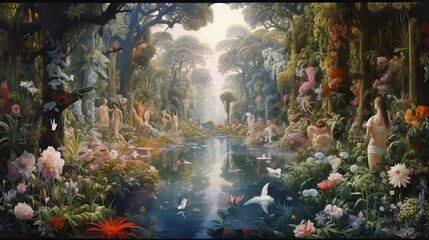 A lush depiction of the Garden of Eden, presenting nature's untouched splendor and divine serenity. Generative AI - obrazy, fototapety, plakaty