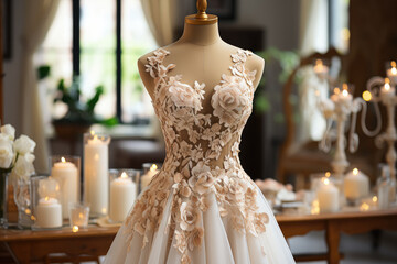 A close-up view of a wedding dress in a bridal room serves as a banner. The front view showcases a stylish dress for a wedding day. Generative Ai.