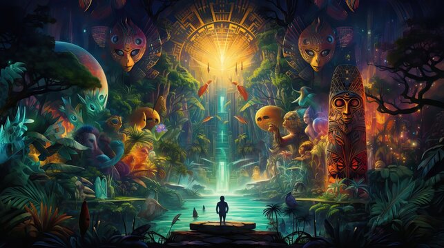 The ethereal Amazon spirit surfaces during shamanic journeys, unlocking mysticism with ayahuasca. Generative AI