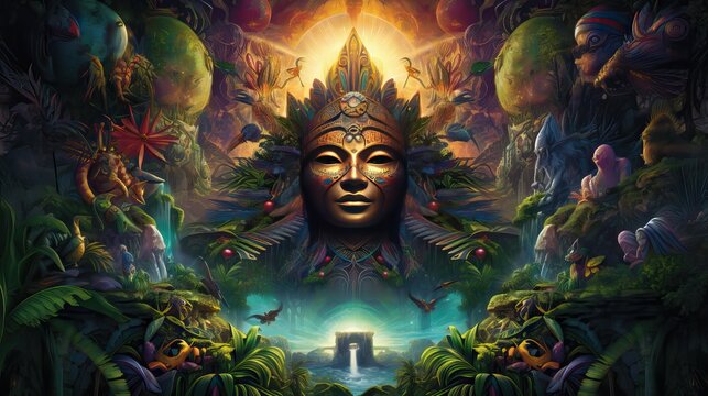 The ethereal Amazon spirit surfaces during shamanic journeys, unlocking mysticism with ayahuasca. Generative AI