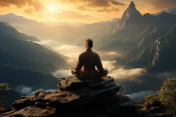 Fototapeta premium A person practicing yoga on a scenic mountaintop. Generative Ai.