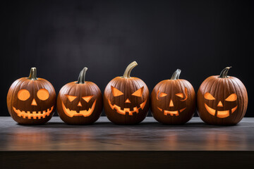 Halloween night. Candle lit Halloween Pumpkins. Halloween Backdrop with spooky pumpkins. Post-processed generative AI