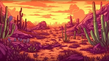 Dramatic desert cacti . Fantasy concept , Illustration painting.