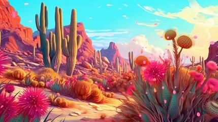 Fototapeta na wymiar Dramatic desert cacti . Fantasy concept , Illustration painting.