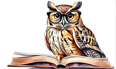 Foto op Plexiglas A owl with eyeglasses ona book in children's book illustration style. Wisdom and learning concept.  © Creative mind