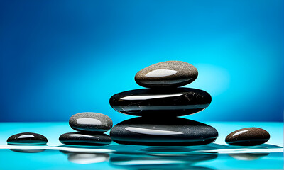 Stacked zen stones on blue background with copy space.
