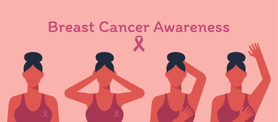 Breast Cancer Awareness Concept with Women Navigating Detection and Diagnosis through Self-Examination, Vector Flat Illustration