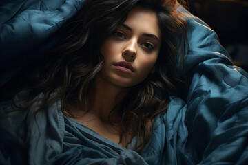 Cute woman wearing pajamas falling asleep on blue background. Generative Ai.