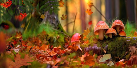 mushrooms in Autumn forest field ,Rowan berry branch,morning dew water drops and grass - obrazy, fototapety, plakaty