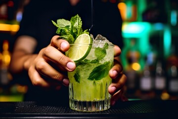 Barman hand squeezing fresh juice from lime making the Caipirinha cocktail | Generative AI