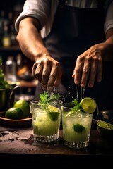Barman hand squeezing fresh juice from lime making the Caipirinha cocktail | Generative AI