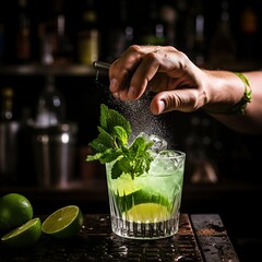 Barman hand squeezing fresh juice from lime making the Caipirinha cocktail | Generative AI © Kay