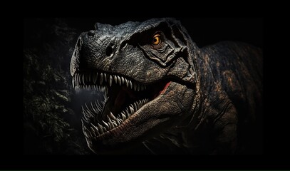 Fototapeta premium The head of dinosaur in the dark background
