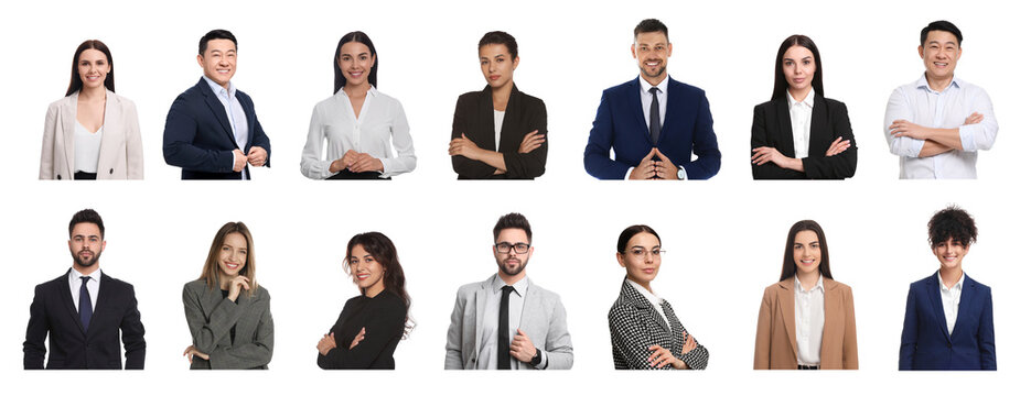 Collage with photos of different businesspeople on white background