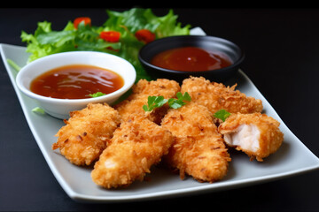 Chicken Katsu Bites, crunchy and juicy, perfect for snacking or sharing, served with a side of sweet and spicy dipping sauce.