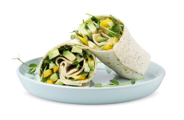 Delicious sandwich wraps with fresh vegetables isolated on white