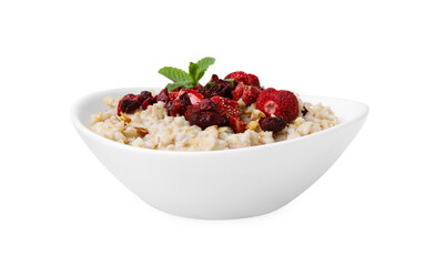 Oatmeal with freeze dried strawberries and mint isolated on white