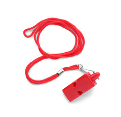 One red plastic whistle with cord isolated on white, top view
