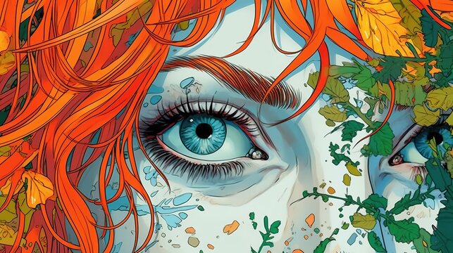 A girl with orange hair hides behind leaves . Fantasy concept , Illustration painting.