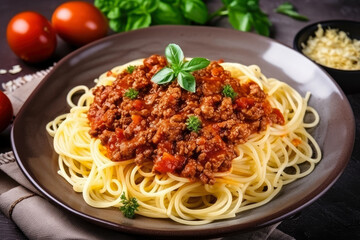 Spaghetti Bolognese, generous meat sauce, fresh herbs, and red pepper flakes create a mouth-watering Italian comfort food, perfect for dinner or lunch.