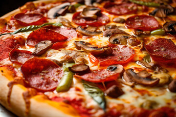 Fresh out of the oven, a close-up of a sizzling homemade pizza with pepperoni, mushrooms, and green peppers, ready to be devoured. - obrazy, fototapety, plakaty