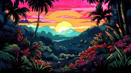 Fototapeta na wymiar Beautiful landscape of palm trees and mountains . Fantasy concept , Illustration painting.