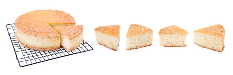 Tasty sponge cake isolated on white. Collage design