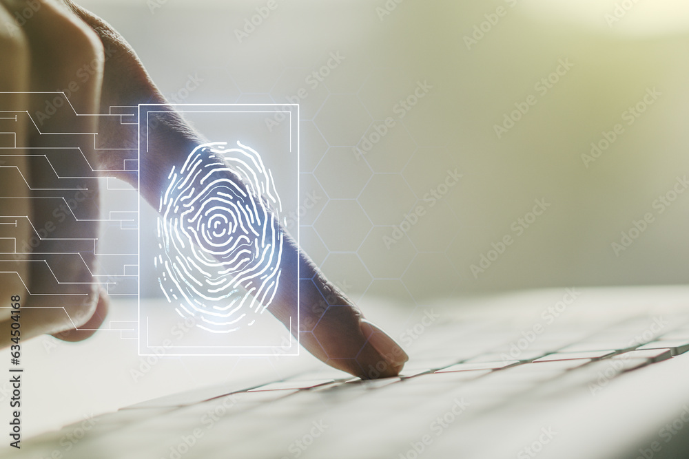 Poster abstract creative fingerprint illustration with hands typing on laptop on background, personal biome