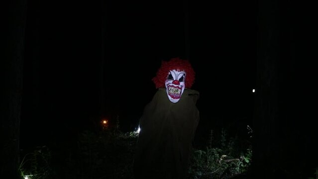 a scary evil little clown wearing a dirty costume in the woods at night. Night forest, horror Halloween concept