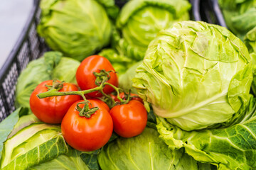 Fresh vegetables. Tomatoes and cabbage for salad. Grocery department in a store or market