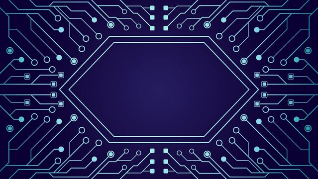 Electrical circuit board with hexagon frame. Animation video template with copy space for text suitable for business, technology presentation etc