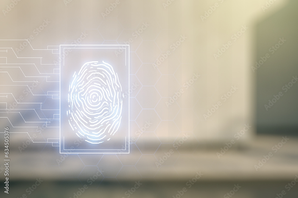 Poster multi exposure of virtual graphic fingerprint sketch on blurry contemporary office building backgrou
