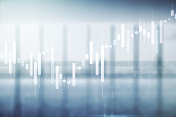 Abstract virtual financial graph hologram on modern interior background, financial and trading concept. Multiexposure