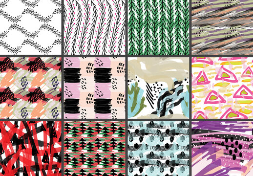 Seamless Pattern Set with Marker Brush Doodle and Strokes 