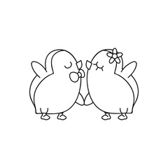 Cute penguin couple in love isolated on white background. Coloring book for children. Valentines day vector illustration in outline style.