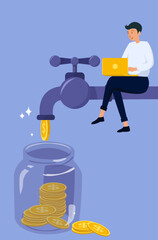 financial freedom concept, happy man sitting on the faucet with money falling into a glass jar