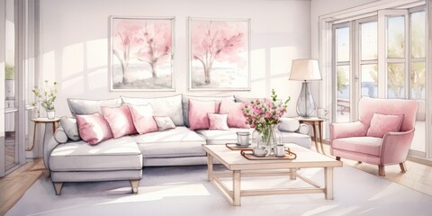 a pretty living room with pink curtains, generative AI