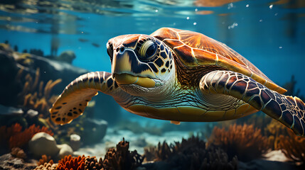 macro shot of a rare bright turtle underwater