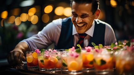 a friendly waiter pours cocktails at an event, a catering worker distributes cocktails at a wedding, a smiling man makes drinks for the guests of the holiday