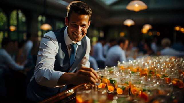 a friendly waiter pours cocktails at an event, a catering worker distributes cocktails at a wedding, a smiling man makes drinks for the guests of the holiday