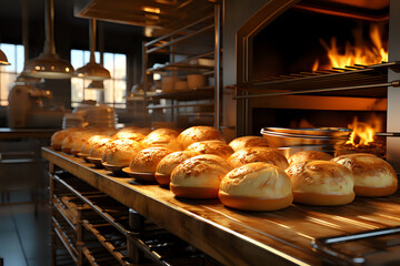 fresh hot bread from the oven in the bakery, freshly baked biscuits from the oven in the factory