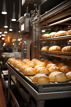 fresh hot bread from the oven in the bakery, freshly baked biscuits from the oven in the factory