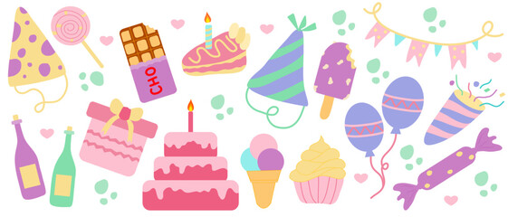 Set of birthday party decoration vector illustration. Hand drawn style illustration. 