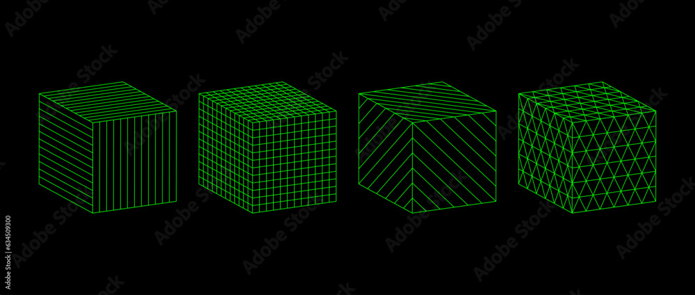 Poster Neon green wireframe cubes collection. 3d outline shapes with different grid patterns. Geometric square elements for design template, icon, logo. Abstract box with lattice lines. Vector illustration